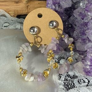 Elegant Silver and Gold Pink Rose Quartz  Crystal Hoop Earrings